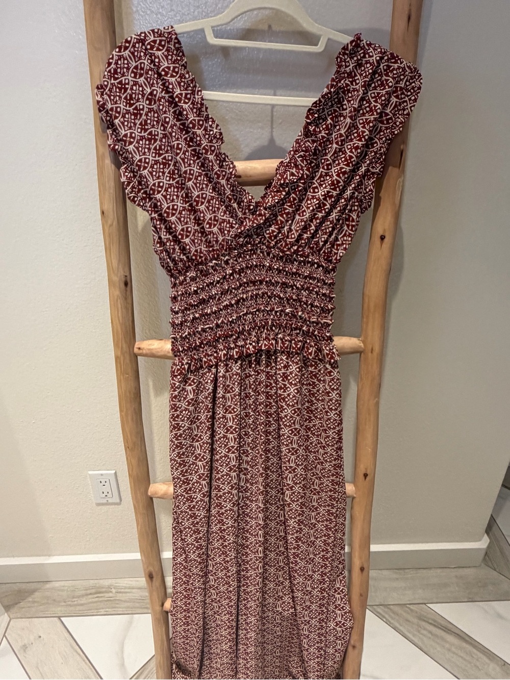 Max Studio Rust-Print Smocked-Waist Wide Leg Jumpsuit